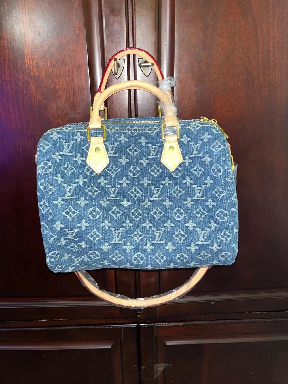 Blue Denim Monogram Satchel with Tan Leather Handles